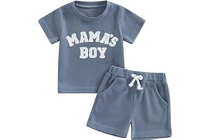 NZNDSHD Summer Baby Boy Clothes Short Sleeve Little Dude Mamas Boy Embroidered T-Shirt Tops Shorts Set Waffle Knit Outfit