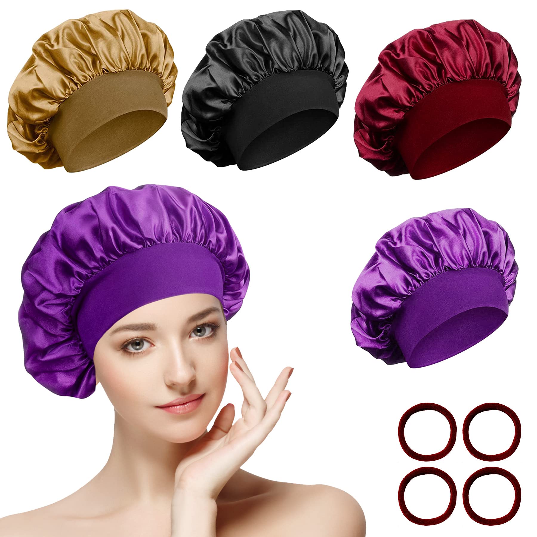 SOMLAW Pack of 4 Satin Bonnet Night Sleeping Cap with 4 Elastic Hair Bobbles, Adjustable Night Hat, Bonnet Sleeping, Soft Satin Hood, Shower Cap, Headwear for Women and Girls