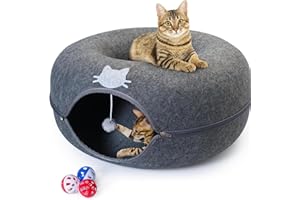 E & E'S Meow Mansion Large Cat Cave Donut - Cat Tunnel; up to 30lbs - 3 Toy Balls & Hanging Ball Included - Scratch Resistant, Detachable and Cleanable Cat Donut Bed