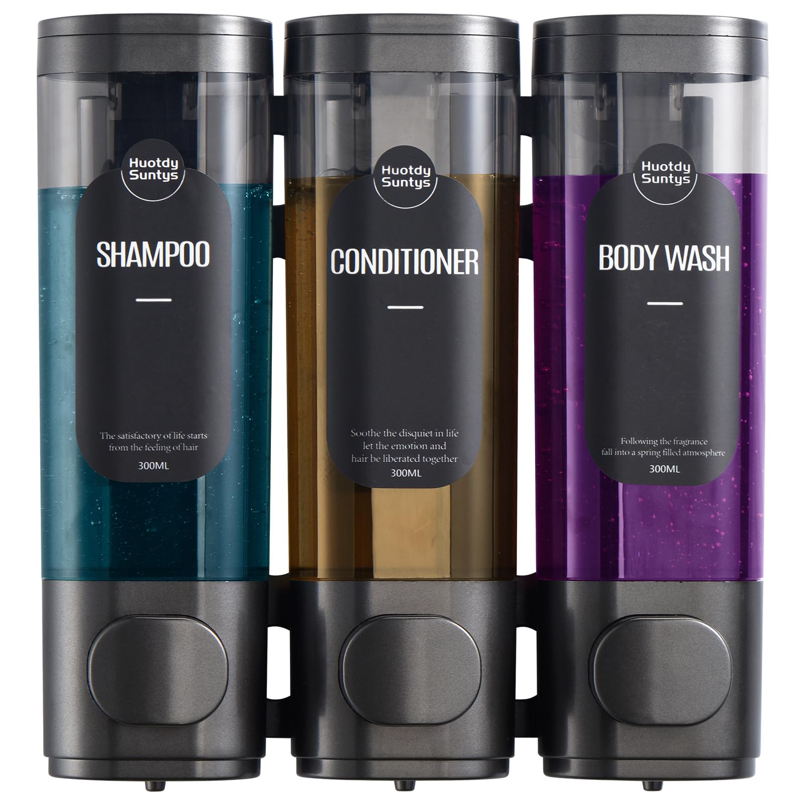 Photo 1 of ***(MISSING PART -SELLING AS IS )*** Shampoo and Body Wash Dispenser, Shower Soap Dispenser 2 Chamber No Drill Shampoo Dispenser for Shower Wall Mounted Body Wash Dispenser for Bathroom Toilet Hotel Kitchen 3X300ML Dark Gray  ***(NOT IN BOX)***