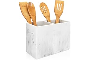 Essentra Home White Marble Kitchen Utensil Holder for Countertop, Rectangular Utensil Crock with Two Compartments.