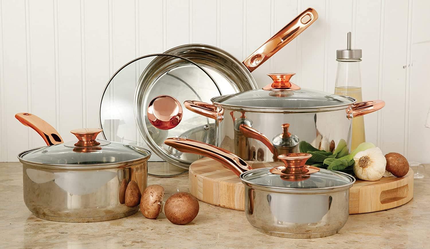 Sunbeam Ansonville 8-Piece Cookware Set, Silver/Brass: Gibson Overseas Inc: Kitchen & Dining