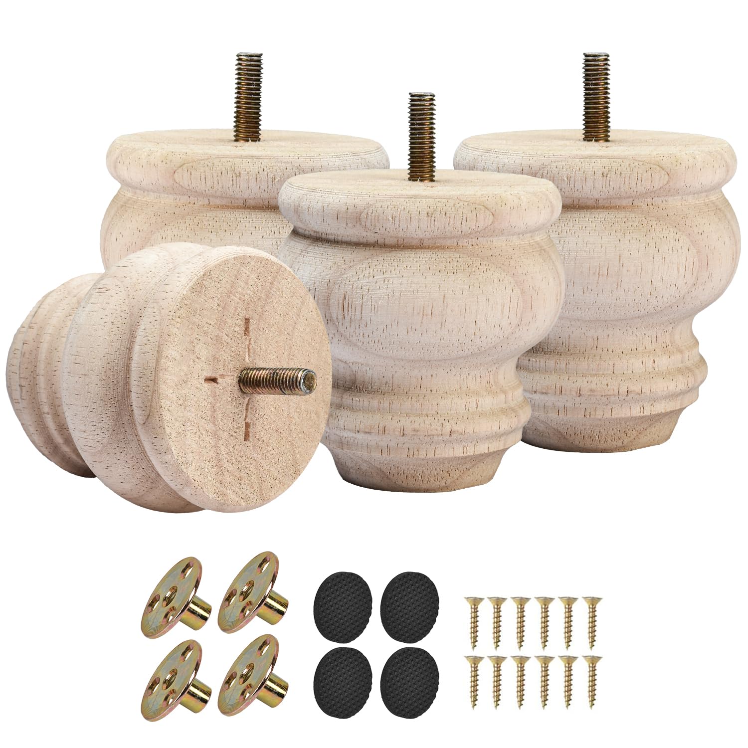 TCHOSUZ 3 Inch Unfinished Wooden Bun Feet, Pack of 4 - Solid Wood Furniture Legs with M8 Hanger Bolts & T-Nuts for Sofa Cabinet Ottoman Dresser Couch Table - DIY Replacement & Riser Legs Set