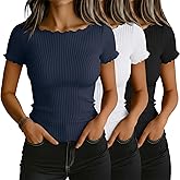 Riyiper 3 Pack Women's Boat Neck Ribbed Tops Lettuce Trim Short Sleeve T-Shirts Crop Fitted Summer Basic Tees Shirt
