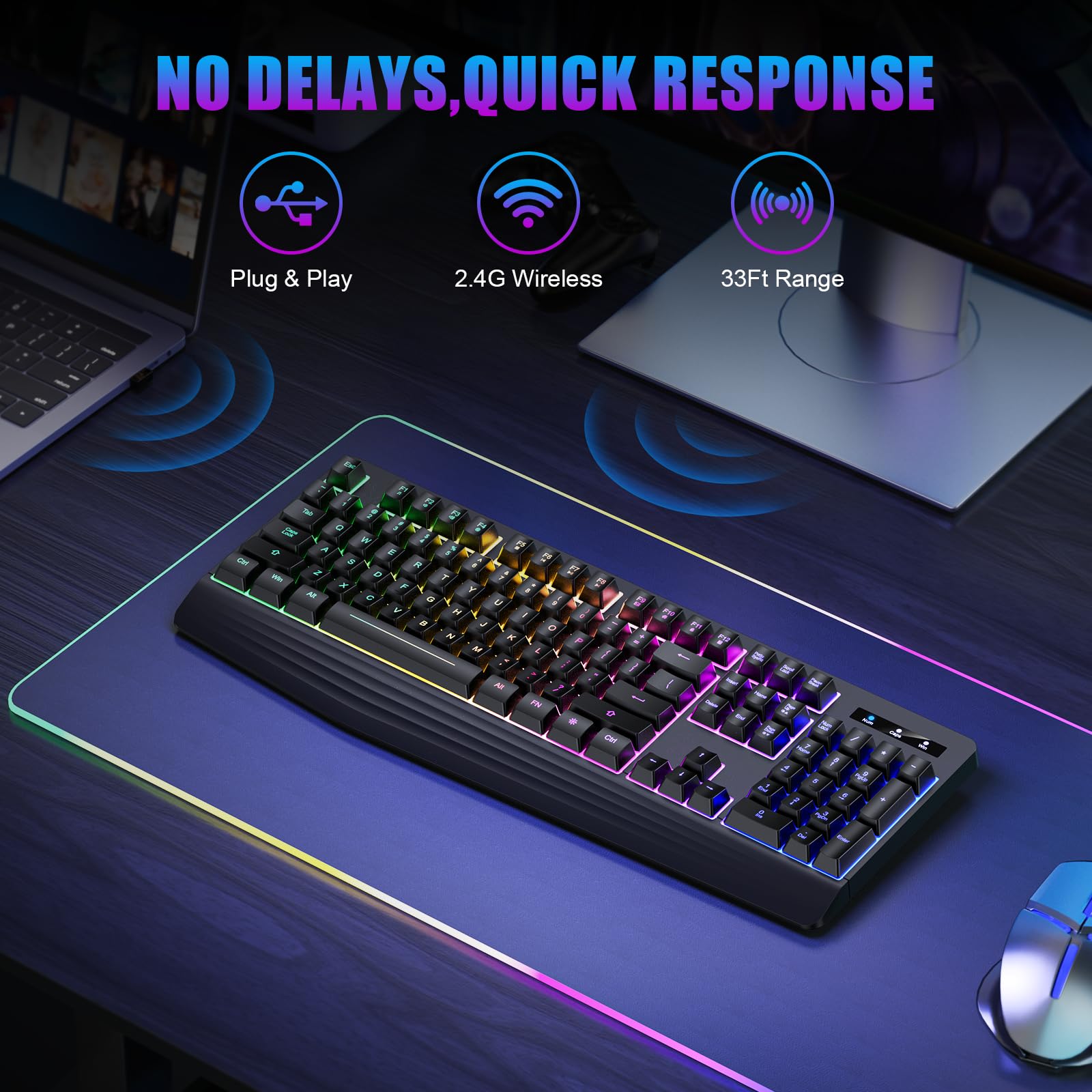 Wireless Gaming Keyboard, RGB & Single-Color Backlit, Full-Size Waterproof Computer Keyboard, Silent Keys, Wrist Rest, Sleep Mode, Rechargeable 2.4G Wireless Keyboardfor Windows, Mac, PC, Laptop