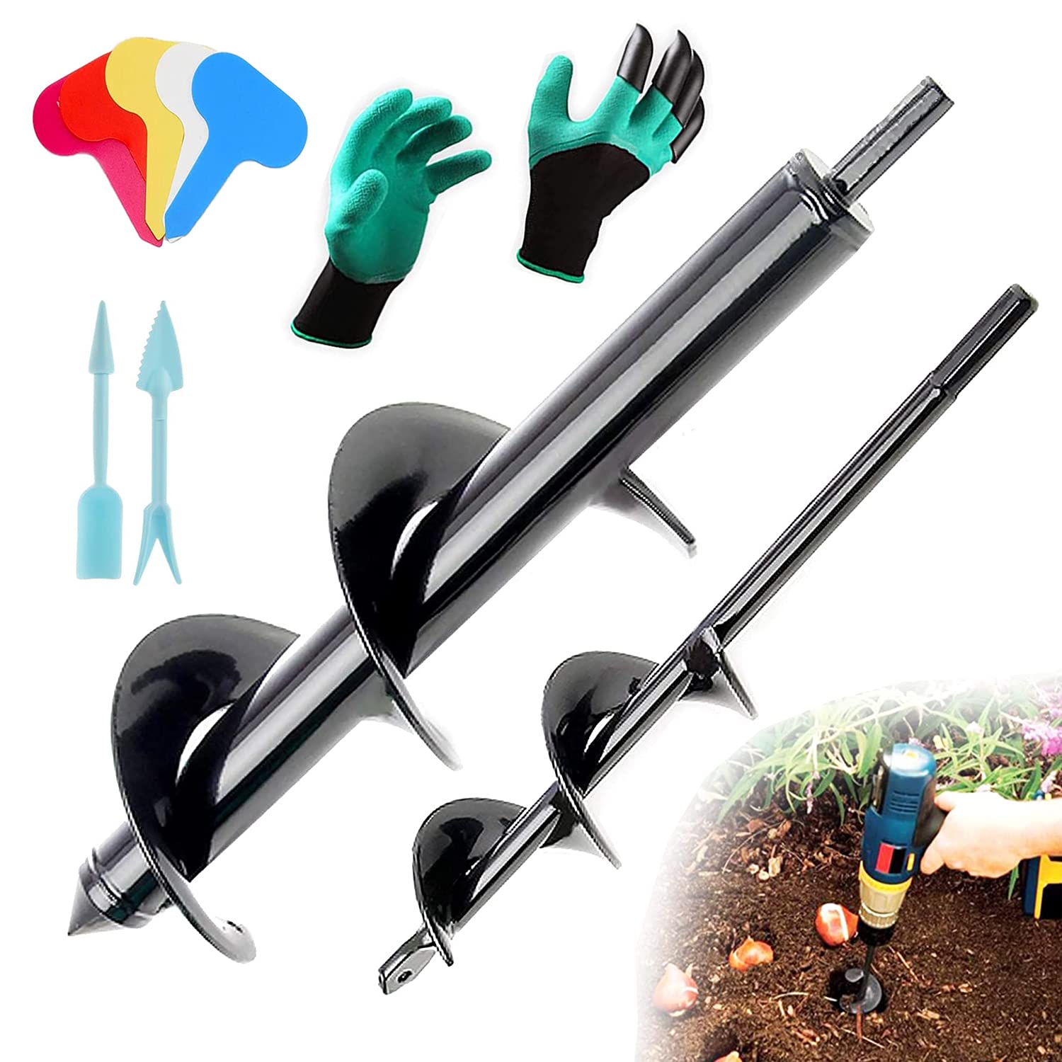 QeeHeng Garden Bulb Auger Drill Bit, 2 Pcs Garden Auger Drill Bit for Planting, Hand Drill Digger Auger Tool for 3/8'' Hex Drive Drill with Planter Professonal Gloves