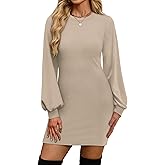 OFEEFAN Sweater Dresses for Women 2025 Fall Winter Puff Long Sleeve Crewneck Bodycon Fleece Ribbed Pullover Fashion Clothing