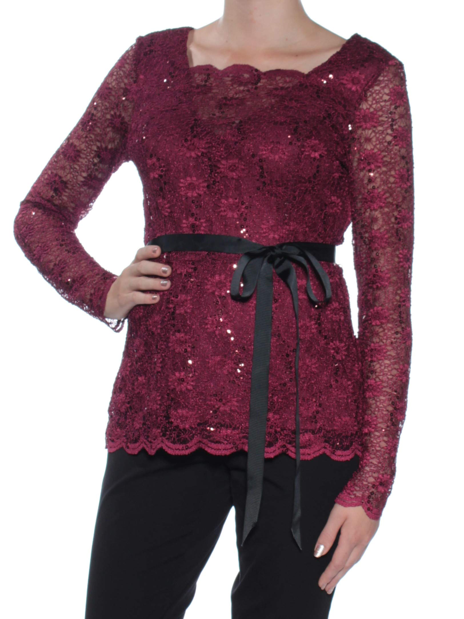 Onyx Nite 79 Womens New 6109 Burgundy Sequined Lace Long Sleeve Top M B+B