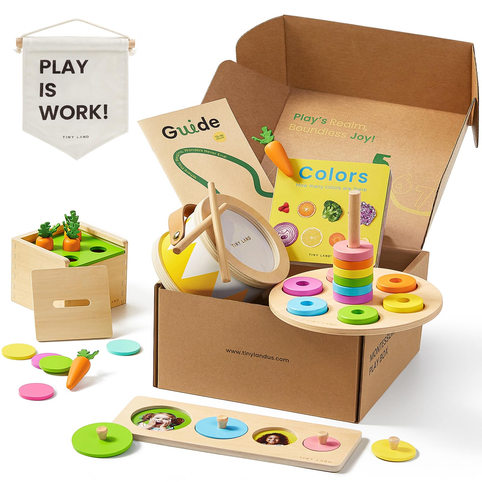 Photo 1 of Tiny Land®? Montessori Toy Set for Baby 13-15 Months Explorer Play Kit - 7-in-1 Baby Drum, Carrot Harvesting and Coin Boxes, Stacking and Color Matching Plate, Size Matching Puzzle, Color Board Book