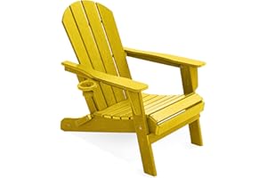 LOUNZY Folding Adirondack Chair with Cup Holder, HDPE All-Weather Folding Patio Chair, Outdoor Patio Adirondack Chair for Lawn Porch Garden Backyard Deck Fire Pit, Yellow