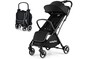BABY JOY Lightweight Baby Stroller, Compact Travel Stroller for Airplane, Infant Toddler Stroller w/Adjustable Backrest & Canopy, Storage Basket, Self Standing Gravity Fold, Aluminium Frame (Black)