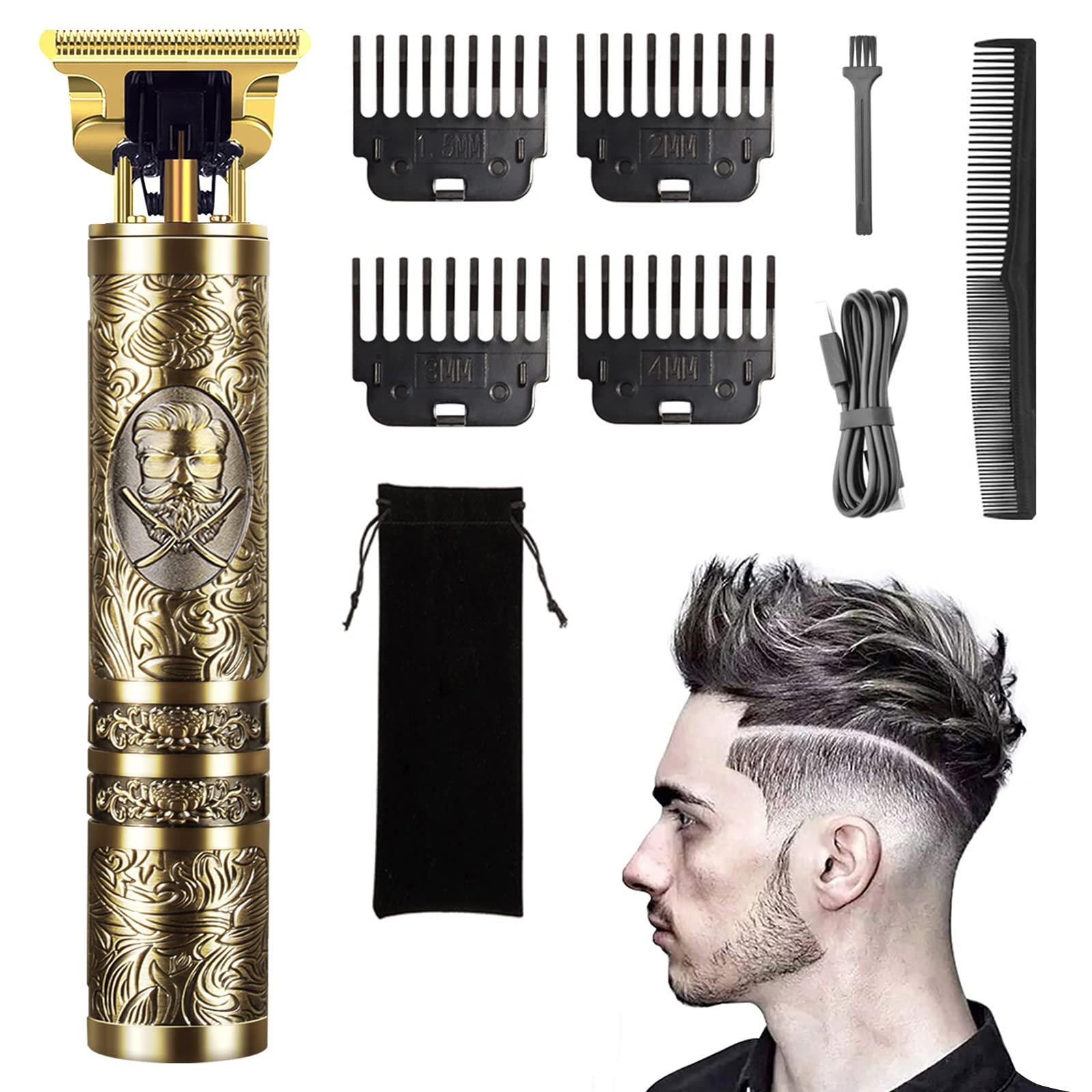 Electric Beard Trimmer Mens Hair Clippers Cordless Sharp Titanium Precision T Blade Trimmer for Men USB Rechargeable Hair Trimmer Clippers for Men Haircut for Families and Barber (Gold)