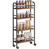 Asgolion Slim Storage Cart, 4-Tier Small Rolling Cart with Wheels, 5.9" Deep, Narrow Bathroom Shelf Trolley for Kitchen, Bathroom, Laundry Room, Rustic Brown Standard 4-Tier (5.9" W x 33.6" H)