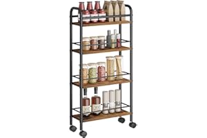 Asgolion Slim Storage Cart, 4-Tier Narrow Rolling Cart with Handle, 5.9 Inches Deep, Slim Bathroom Shelf for Small Spaces, Kitchen, Dining Room, Living Room, Bathroom, Laundry Room, Rustic Brown