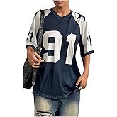 SHENHE Women's Oversized Graphic Football Jersey Shirt Mesh Short Sleeve Tee Top Streetwear