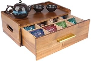 simcotic Acacia Wooden Tea Bag Organizer, Tea Box Organizer Storage Box, Tea Organizer for Countertop, Tea Bag Holder with Drawer, Pantry Organizers and Storage Tea Station for Tea Lovers