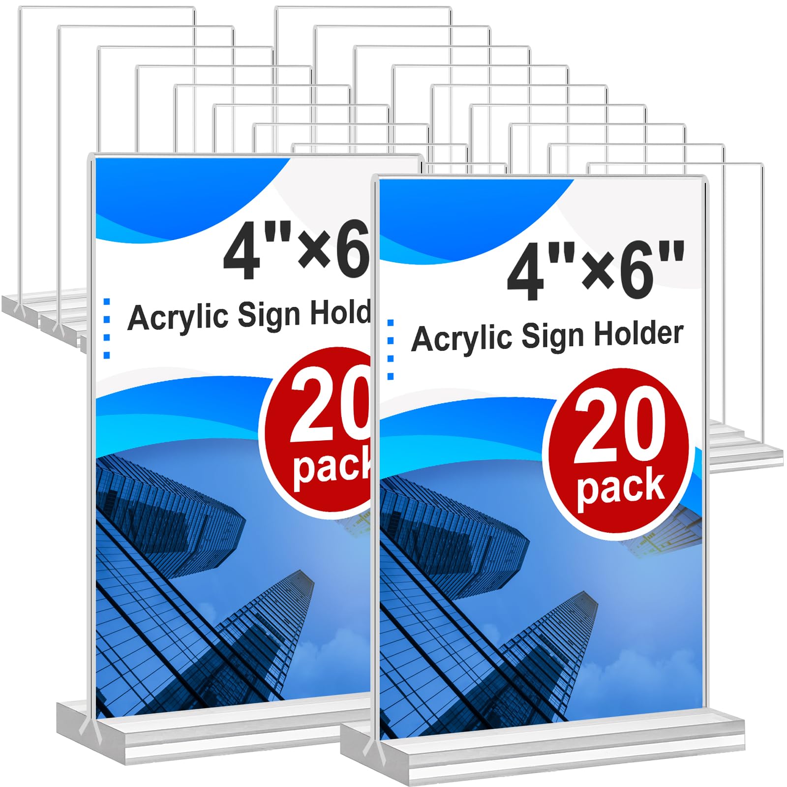 Photo 1 of Acrylic Sign Holder 4x6, 20 Pack Clear Table Vertical Double Sided Table Menu Display, Plastic Desktop Picture Frames Stand Acrylic Paper Holder Tabletop Sign Holder for Wedding Office Show Fair