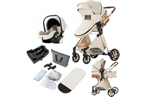 REENBORN 3 in 1 Baby Travel System, Reversible Baby Stroller, Pushchair Luxury Baby High Landscape Pram, Portable Standard Pram Buggy, Foldable Baby Carriage for Newborn Toddler (UDV9-WHITE with Base)
