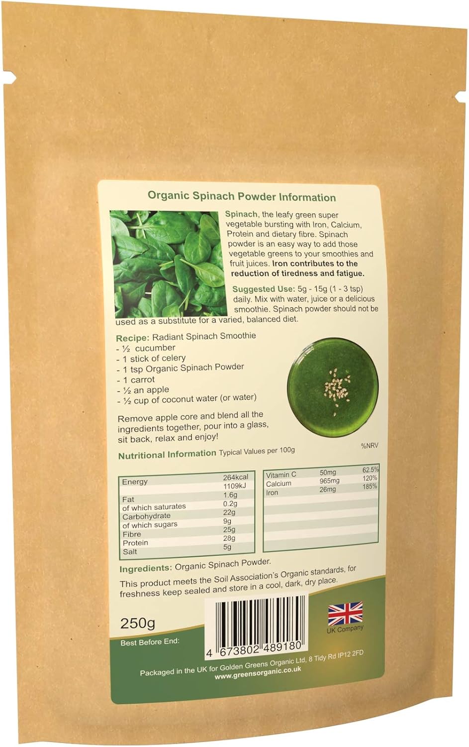 Golden Greens Organic Spinach Powder 250 g - Image 3
