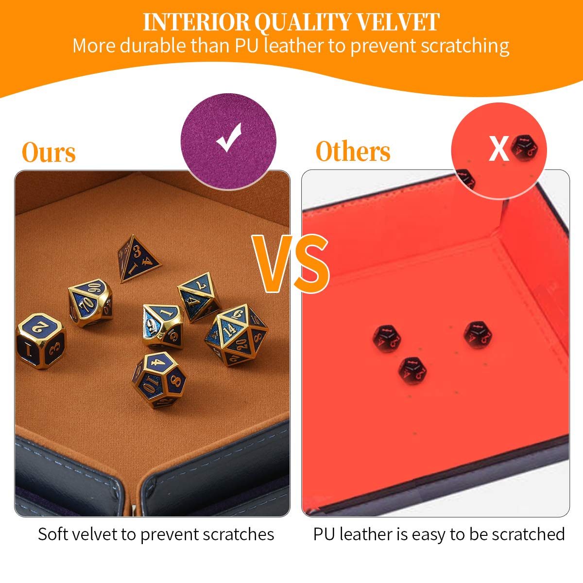 2 Pcs Portable Folding Dice Rolling Tray Set for RPG DND Table Games - PU Leather and Velvet Holder Storage Box - Navy Blue and Camel