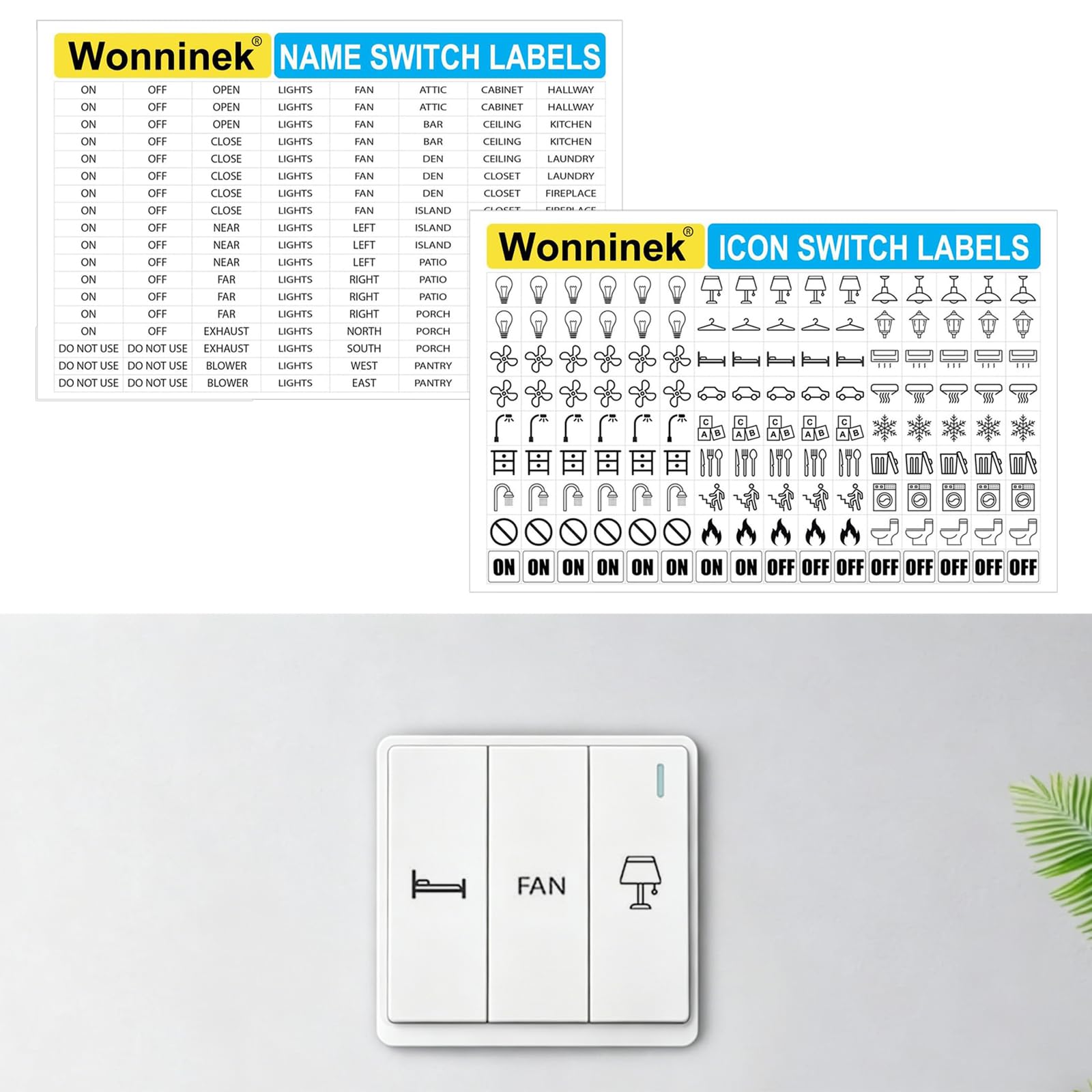 Wonninek 600Pcs Light Switch Labels Clear, Waterproof Electric Breaker Panel Label, Transparent Switch Identifier System for Organizing Your Home and Office