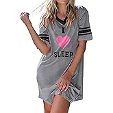Ekouaer Nightgowns for Women Cotton Night Gown Short Sleeve Sleepwear V Neck Color Block Sleep Shirts Ladies Night Shirts