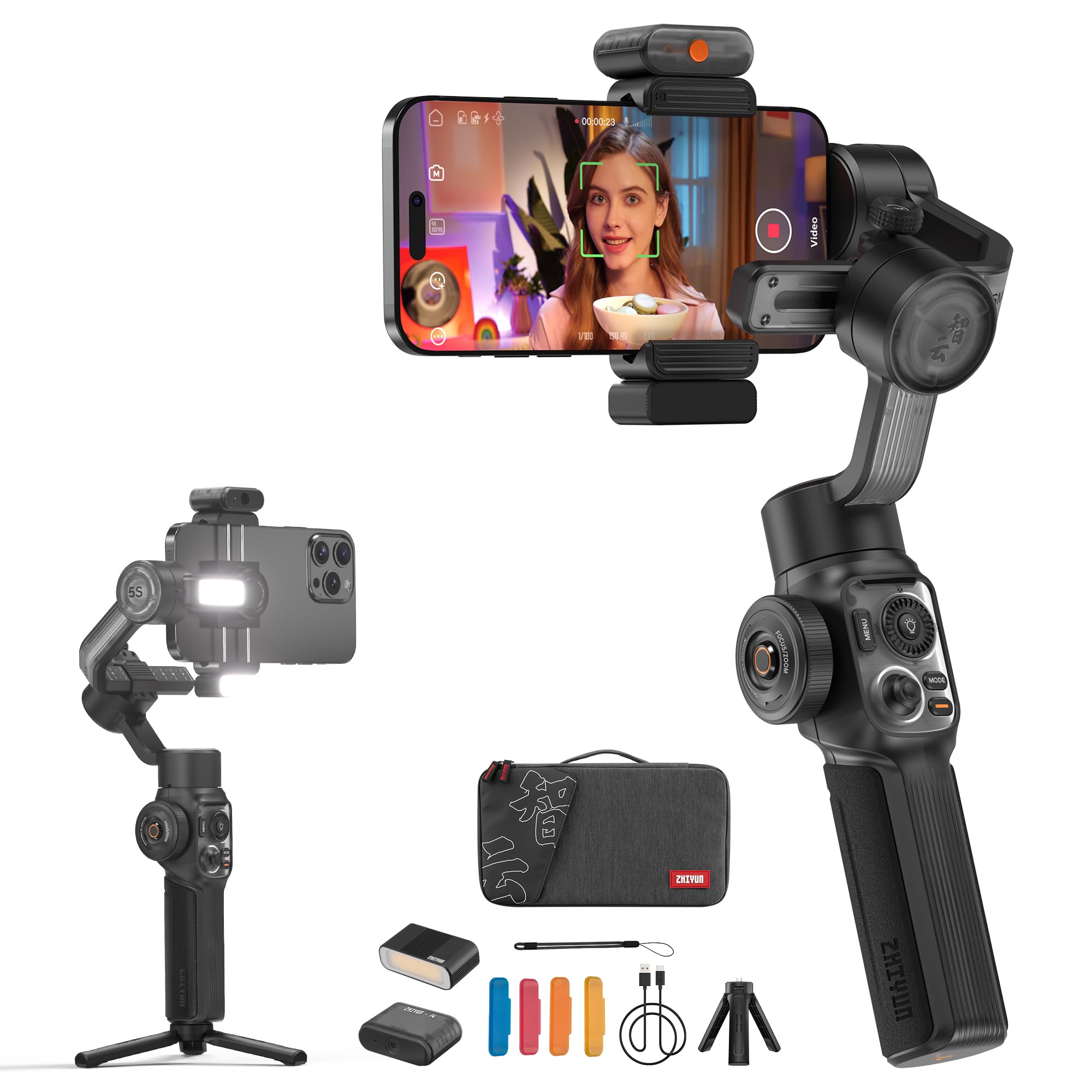ZHIYUN Smooth-5S AI Pro[Official] AI Smartphone Gimbal, Gimbal Stabilizer 3-Axis, Mobile Phone Gimbal, with Tripod, Mobile Phone Stabilizer, for Vlog, YouTube, TikTok