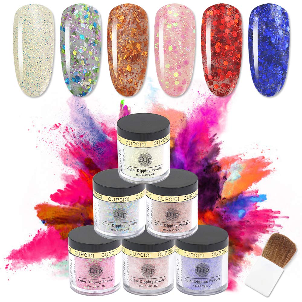 CUPCICI dip powder 3 in 1 for Dip Nails Design Builder Powder with 6 Flakes Shiny Color 10 Ml No Liquid Primer UV Light(Flakes Shinning Collection)