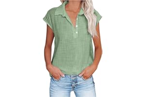 FLOLEO Linen Shirts for Women V Neck Button down Blouse Short Sleeve Office Work Tops Vintage Vacation Tees Shirt Blouse Tops