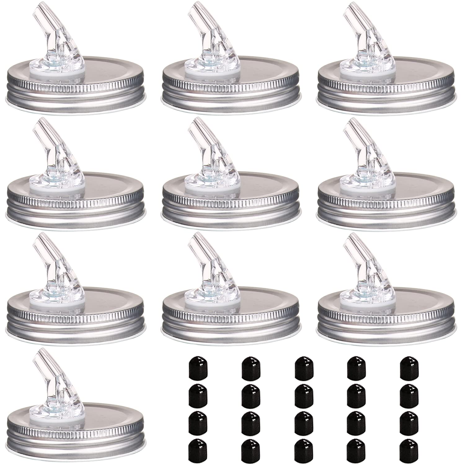 Photo 1 of Mason Jar Pour Spouts. free flow Mason Jar Pour Spouts, mason jar for spout regular mouth size 70mm dispenser germination cover. Suitable for any liquid. Leak-Proof 10-Pack + 20 Black Lid Caps (10