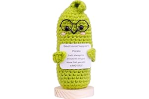 MuMyer Funny Positive Crochet Cucumber, Handmade Emotional Support Cucumber Doll Car Dashboard Decoration with Encouraging Messages Wooden Base for Car Home Office(C6)