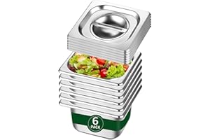 BAKPOCO Hotel Pan 1/6 Size - Steam Pan With Lid 4" Deep 6 Packs Food Pan Anti Jam Stainless Steel Buffet Pan Commercial Stainless Steel Pan