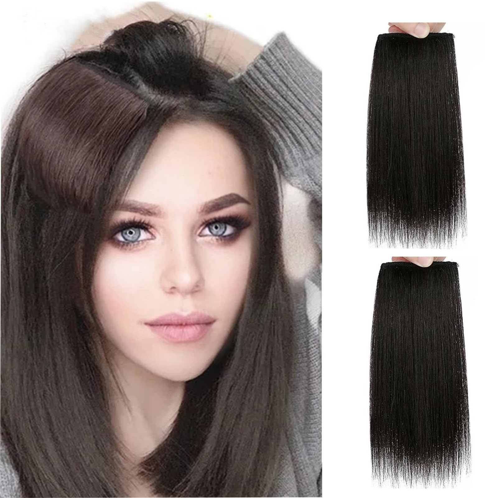 Invisible Hair Extensions Seamless Synthetic Clip in Hair Extension Natural Fluffy Hair Pads Hairpieces Increase Hair Top Side Cover Hairpiece for Women Girls (Black Brown, 10INCH/25CM) — image 1