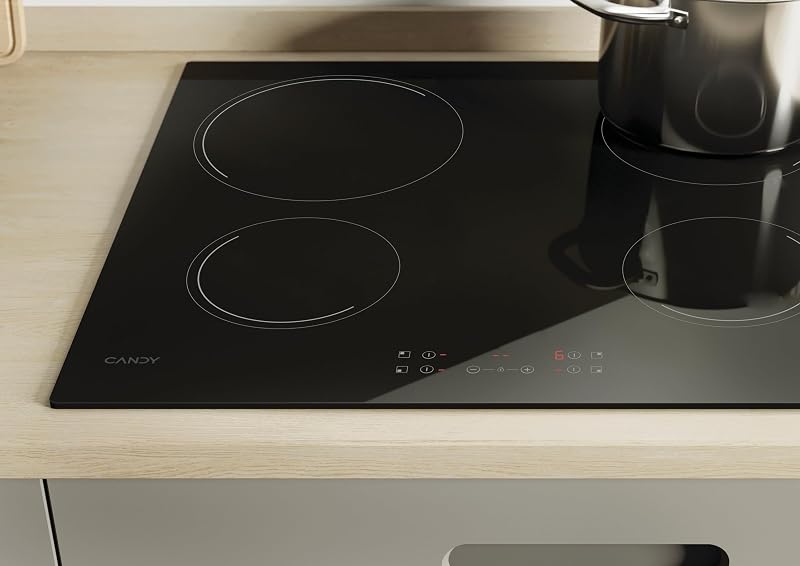- Plaque de Cuisson Vitrocéramique - 4 Zones de Cuisson, Puissance Réglable, Détection Automatique de Zone, Commandes Groupées - 6500 W - Installation à Fleur, Bords Droits - 59 x 52 x 4,5 cm
