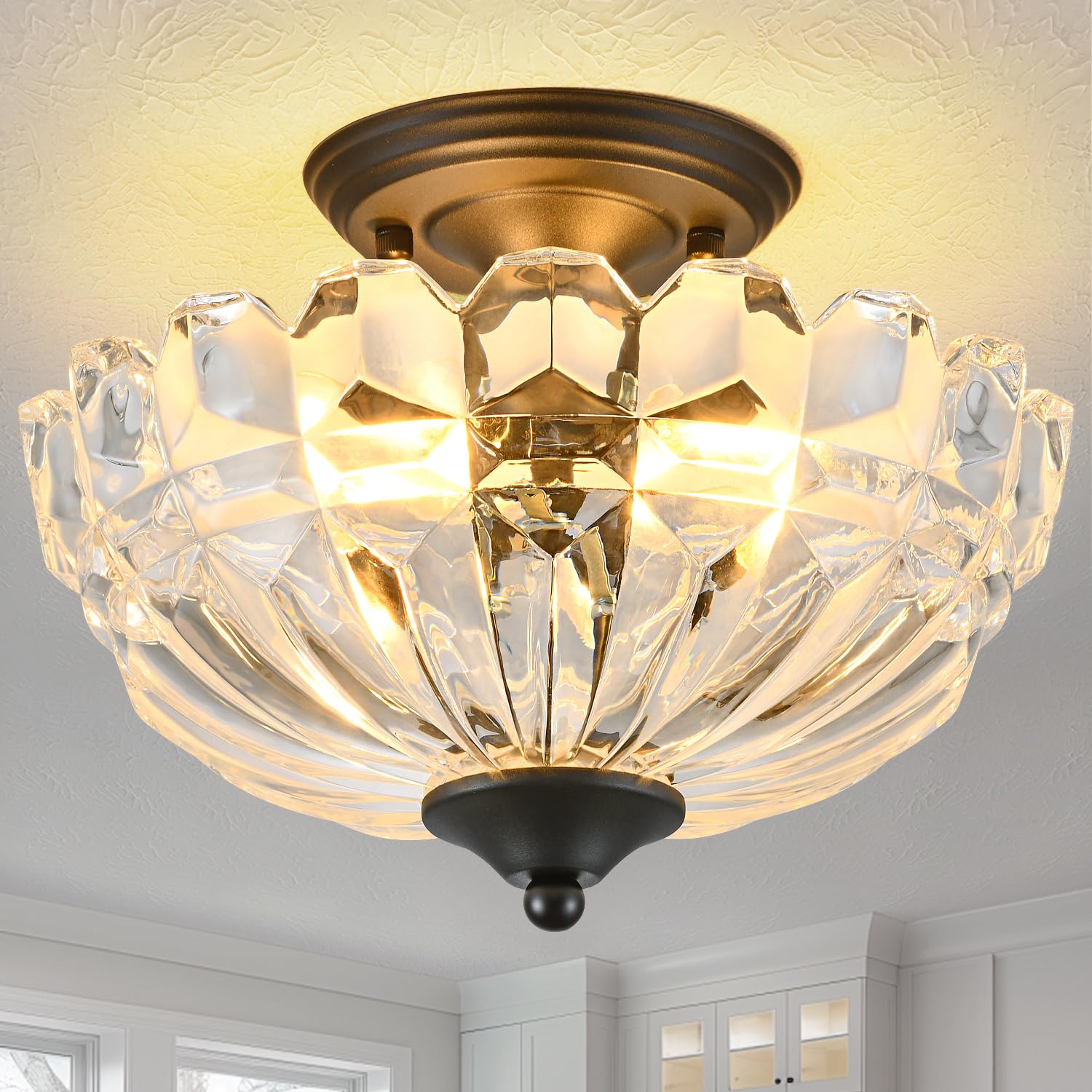 Photo 1 of Dalouguan Semi Flush Mount Ceiling Light, 3-Light Kitchen Ceiling Lighting Fixtures with Clear Glass Lampshade, Black Modern Chandelier for Living Room Bedroom Hallway