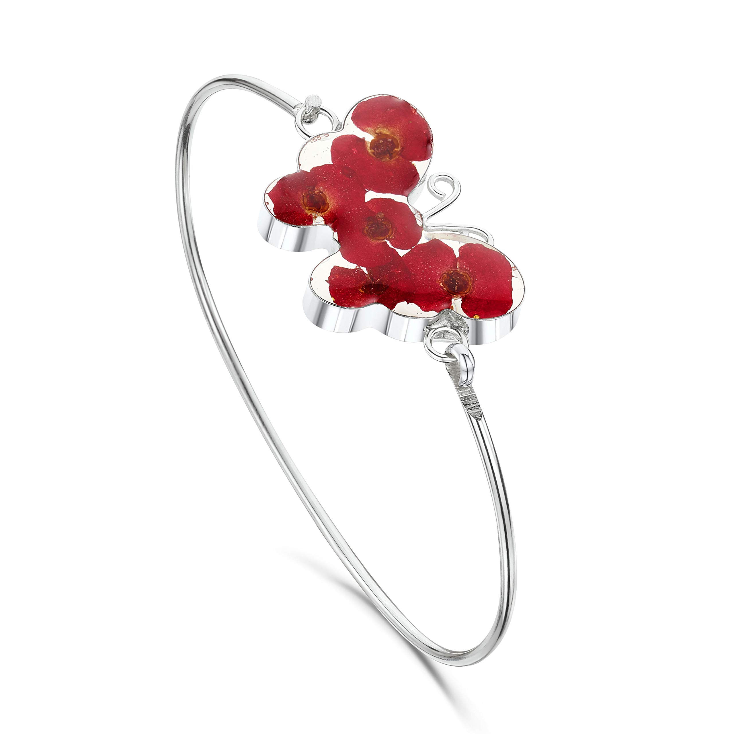Shrieking Violet 925 Sterling Silver Butterfly Real Flower Bangle - Poppy (Red)