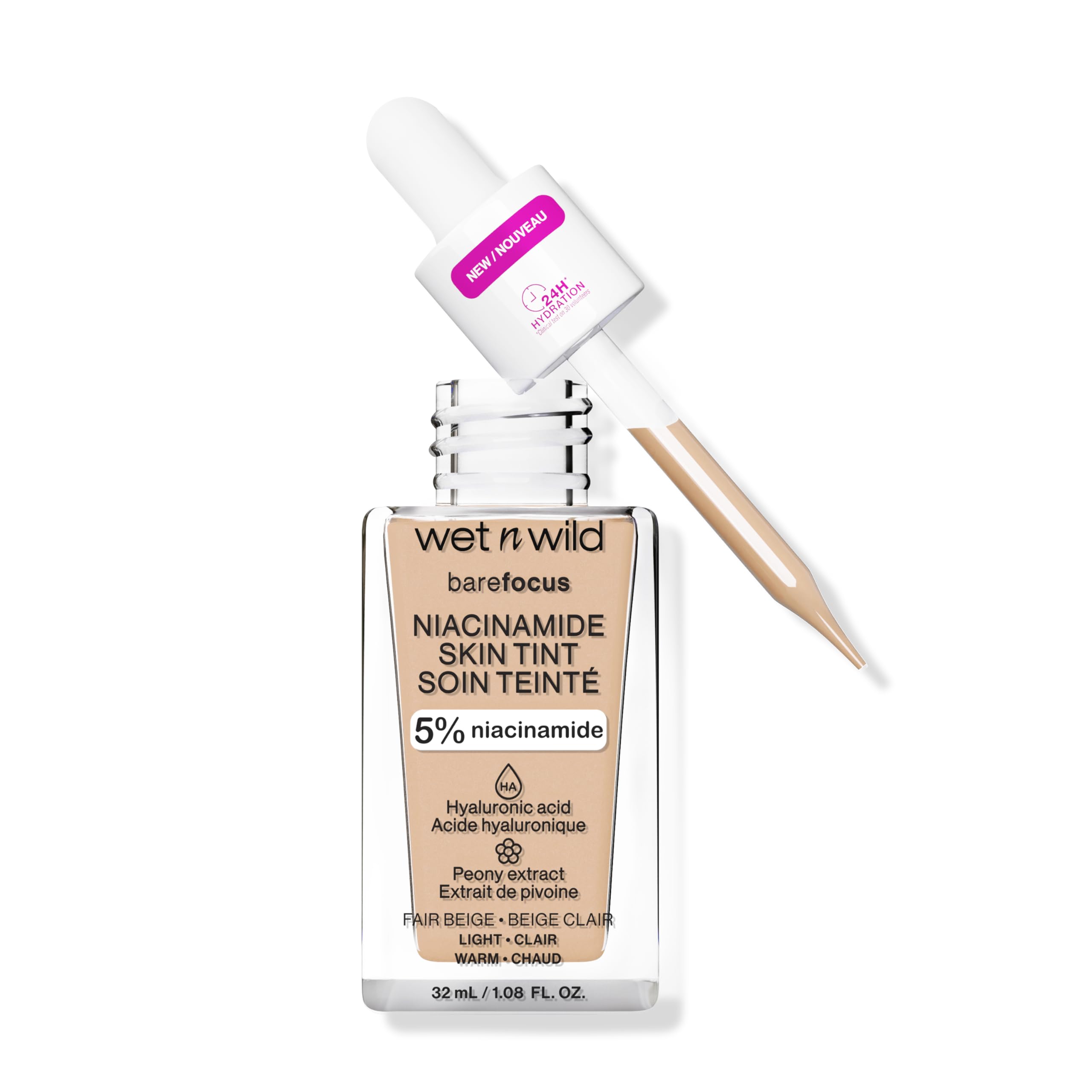 Wet n Wild Bare Focus Niacinamide Skin Tint, Hydrating Tinted Serum with Hyaluronic Acid, Lightweight Sheer-to-Medium Glow, Oil-Free Makeup, Fair Beige