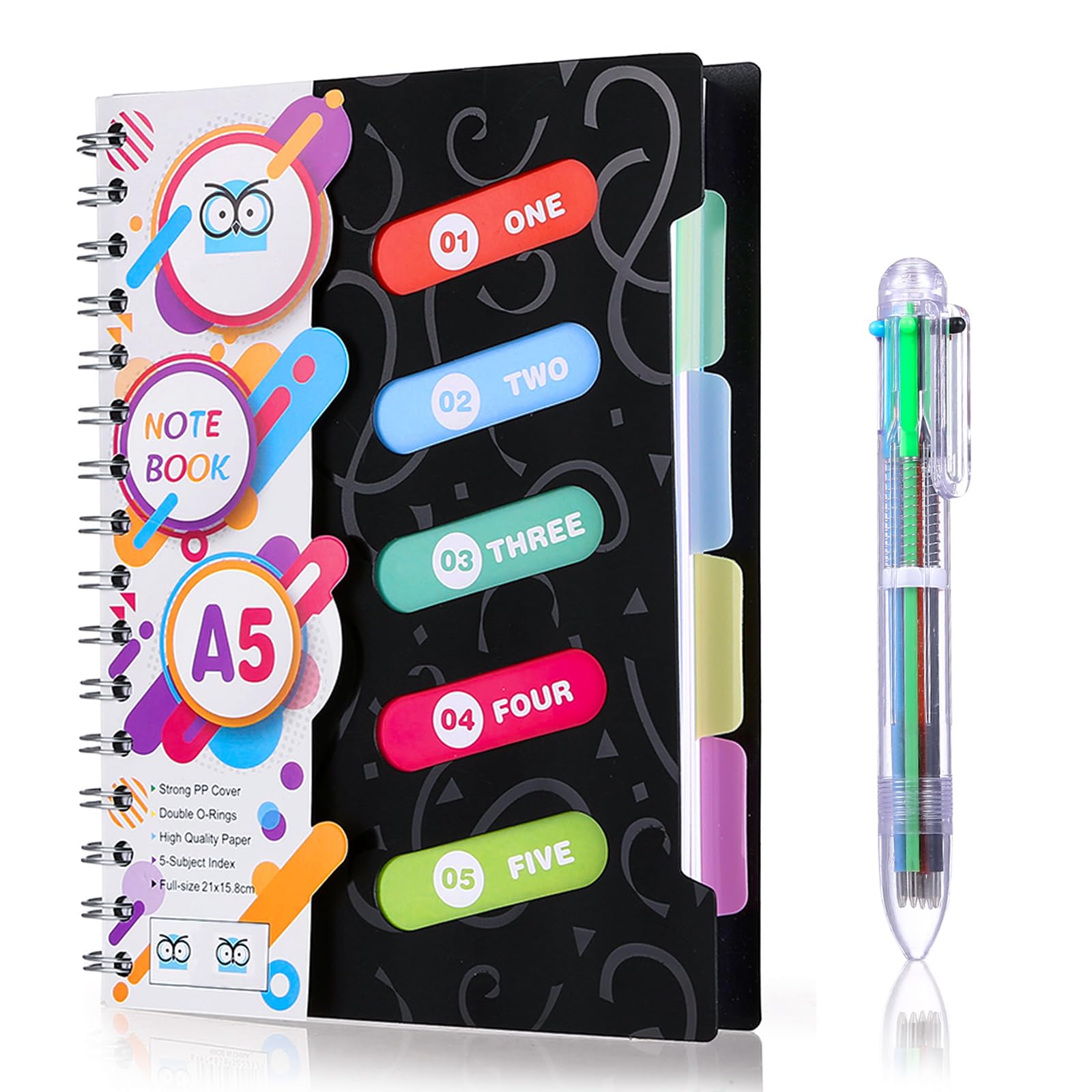 Kesote Notebook A5 with Dividers 300 Pages, Wire Bound Notebook with Multicolor Pen Journal Notebooks Subject Divider with 5 Colors Tab & 6-in-1 Retractable Ballpoint - Black