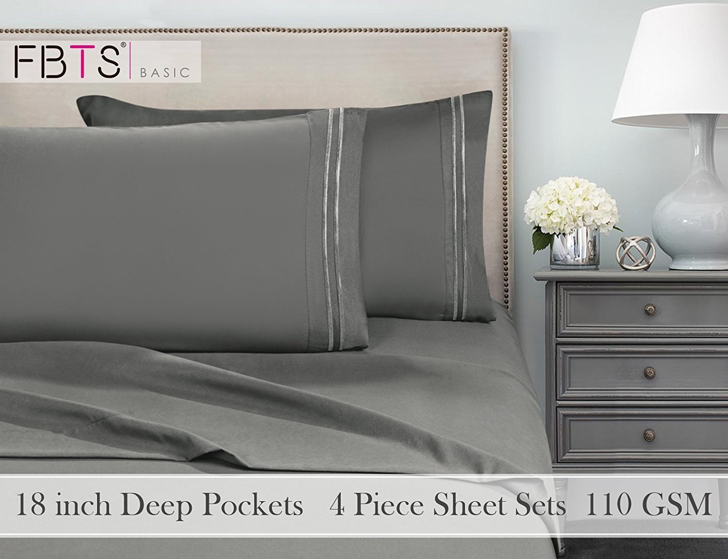 Gray Fitted Sheets Set 4 Piece, Queen 12 18 inch Deep Pocket, 1800