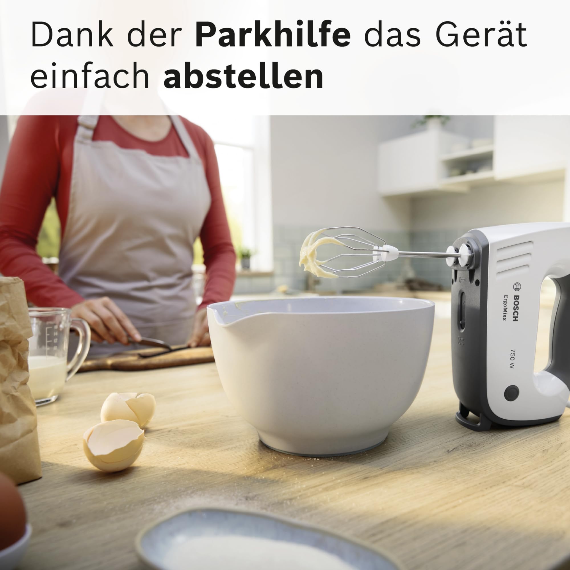 Bosch Handrührgerät, mit Pürierstab, Mixbecher, Edelstahl Rührer, Knethaken, spülmaschinenfest, 5 Stufen plus Turbotaste, weiß/grau, 750 W, ErgoMixx MFQ37470 5