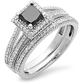 Dazzlingrock Collection 1.35 Carat (Cttw) Princess Black & Round White Diamond Split Shank Halo Wedding Ring Set for Women in 14K Solid White Gold, Size 7