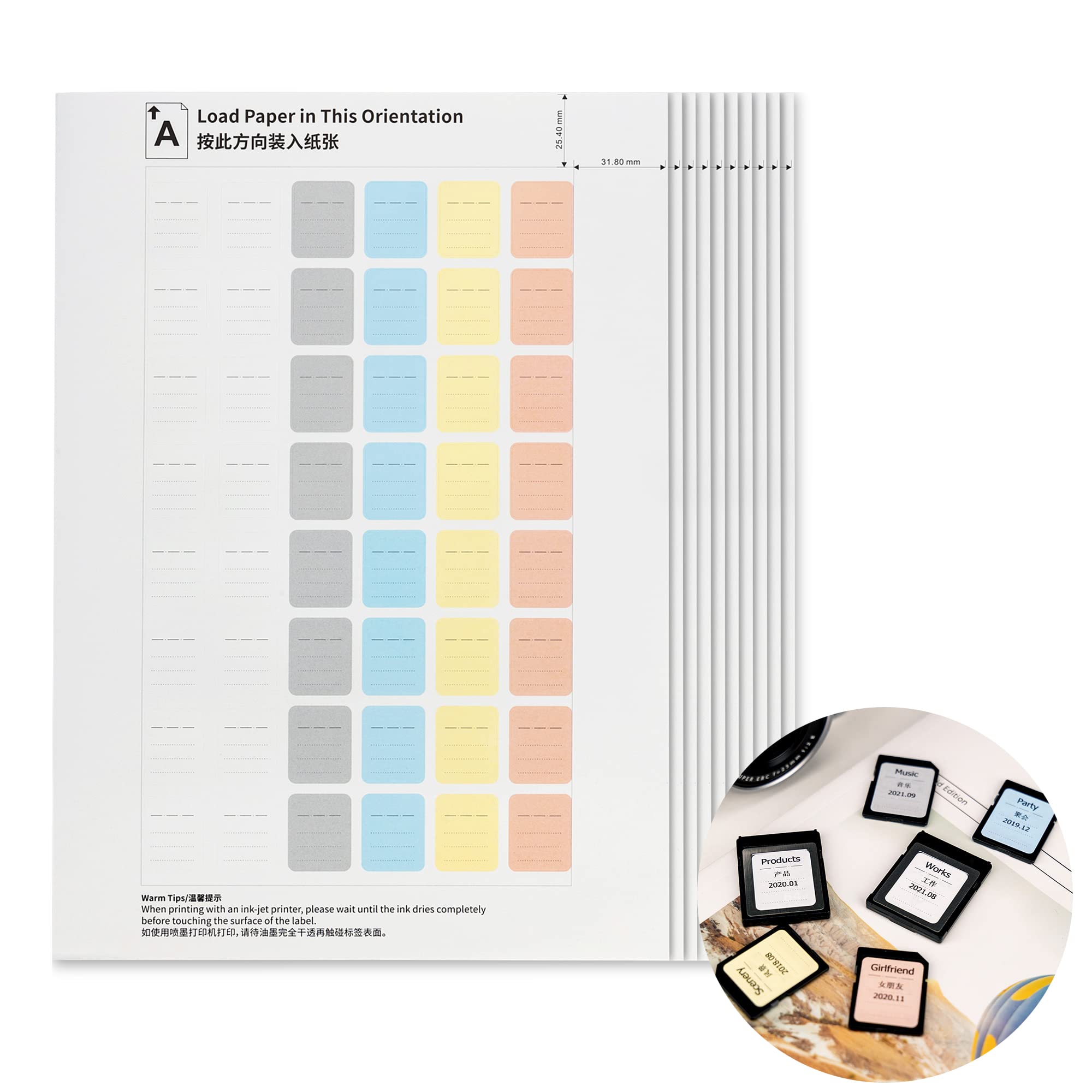 JJC 480PCS Printable Color Labels Stickers Support Laser Inkjet Printing Handwriting, Removable Multipurpose A4 Size Label Paper for Office Folders Kitchen Food Containers Storage Bins Memory Cards