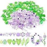 PH PandaHall 150pcs Purple Acrylic Flower Bead Caps Green Acrylic Leaf Charms, 15 Styles Transparent Purple Flower Charm and Leaves Spacer Beads Caps for Earring Bracelet Necklace Jewelry Making