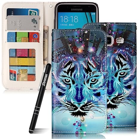 Galaxy J3 2016 Hülle Blau,Slynmax Wolf Printed Handyhülle Flip Tasche Slynmax Hülle Kompatibel mit Samsung Galaxy J3,2016) DU