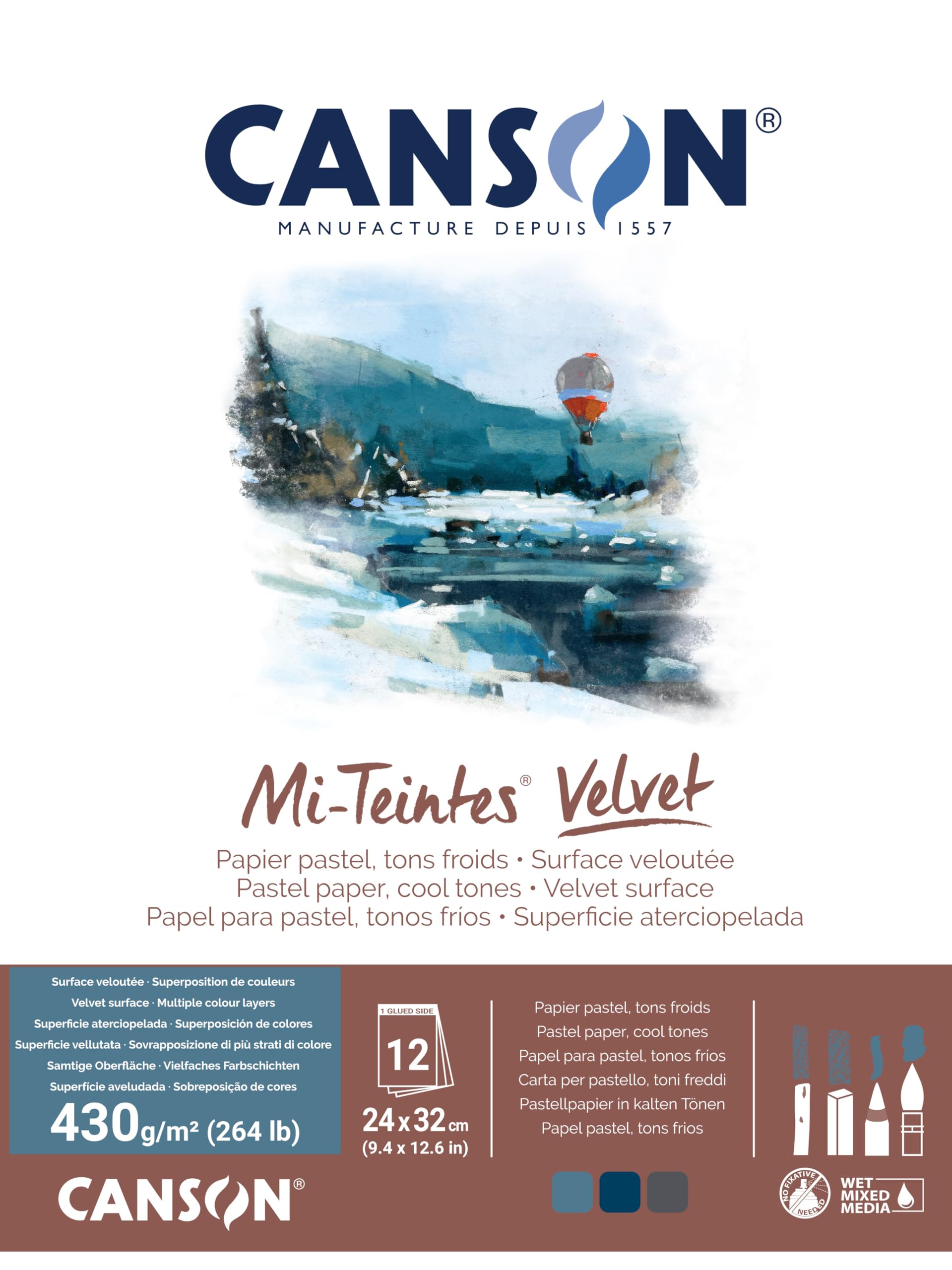 Photo 1 of Canson Mi-Teintes Velvet Drawing Paper Pad, Cool Tones, Assorted Colors, Glue Binding, (260lb/430g), 12 Sheet, 9.4x12.6 inch, 1 Count