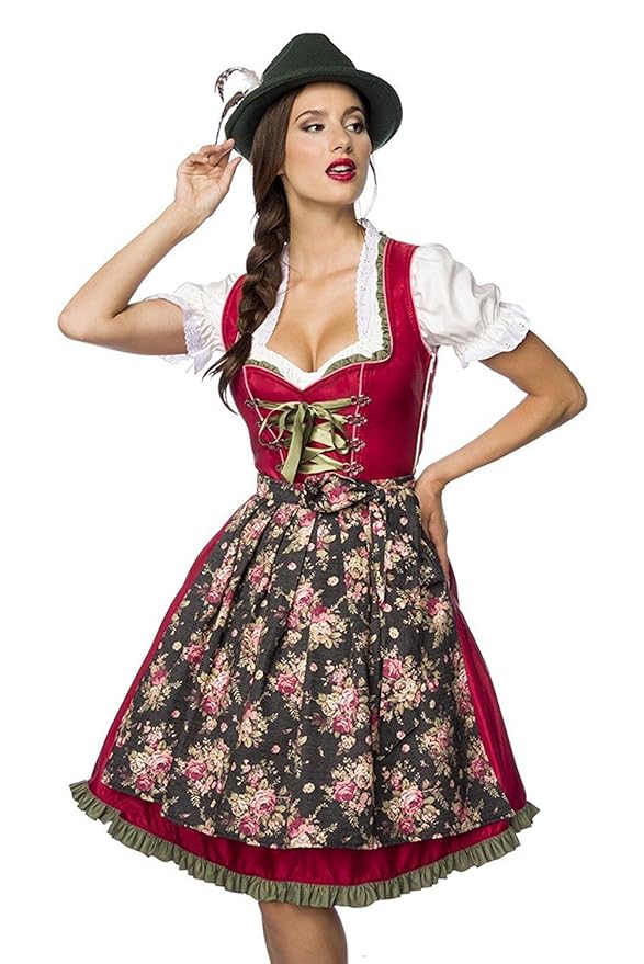 Luxus Designer Dirndl mit Schürze Kleid Dirndkleid Oktoberfest Tracht Trachtenkleid Spitze Denim Blumenprint Paspelierung Rüs