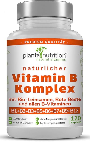 Vitamin B Komplex natürlich, vegan, hochdosiert, mit Vitamin B12, B1, B2, B3, B5, B6, B7, B9, mit Leinsamenmehl und Rote Beet