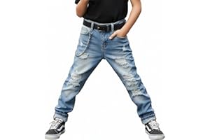 HUNGSON Boy's Skinny Fit Ripped Destroyed Distressed Stretch Slim Jeans Pants
