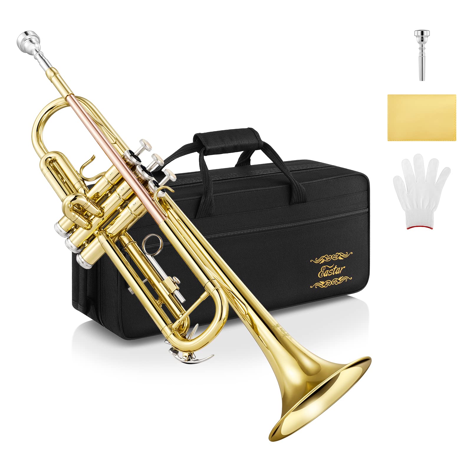 Eastar ETR-390 Standard B Flat Trumpet for Beginners Intermediate, Advanced Upgraded Trumpet Instrument with Hard Case, Cleaning Kit, 7C Mouthpiece, Gloves, Golden Image