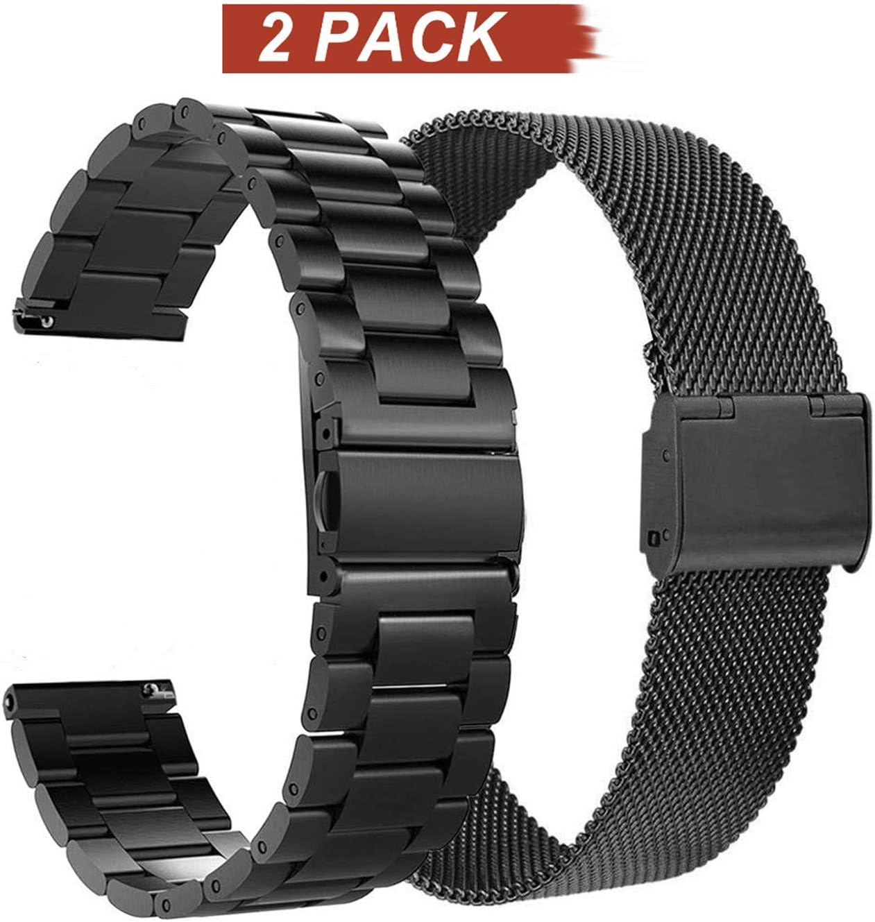Acestar Compatible Galaxy Watch (46mm) Bands, Black Sets, 22mm Stainless Steel Band + Mesh Strap Replacement Metal Band Bracelet Sets, Compatible Samsung Galaxy Watch 46mm, 2-Pack, Black